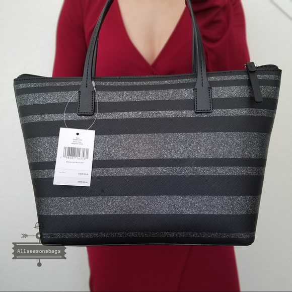 Kate spade HANI Haven lane stripe black grey tote - Picture 5 of 7